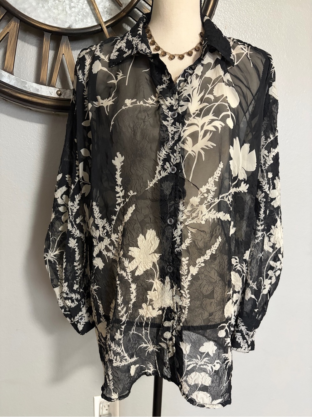 BAILEY 44 Tahbita Sheer Black and White Floral Button-Up Blouse